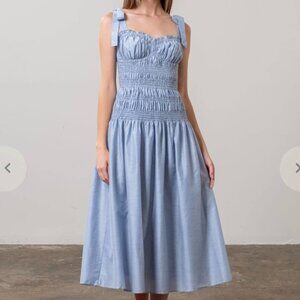 MOON RIVER Blue Ruched Tie Shoulder Midi Dress NWT